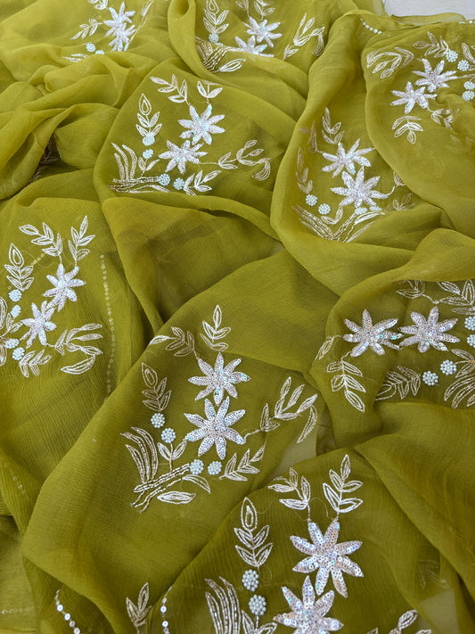 Pure Diamond Chiffon Hand Work Saree With Blouse.
