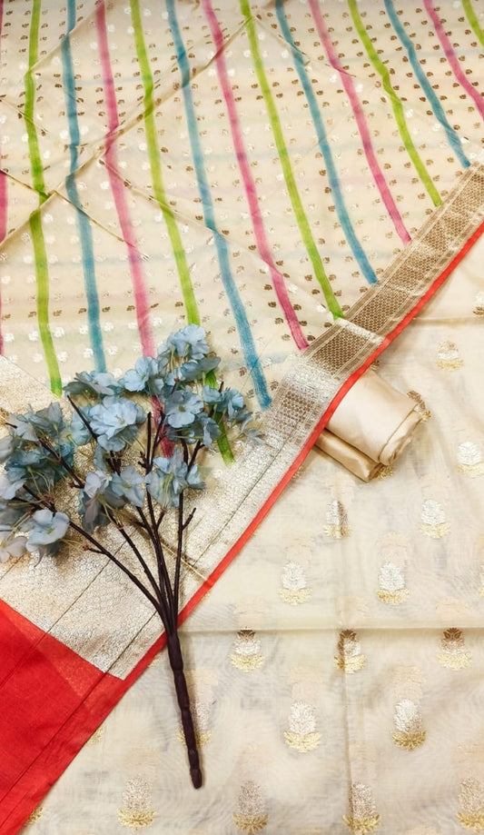 Pure Banarasi Chanderi Silk Unstitched Suit With  lurex weaved with hand brush dye Dupatta