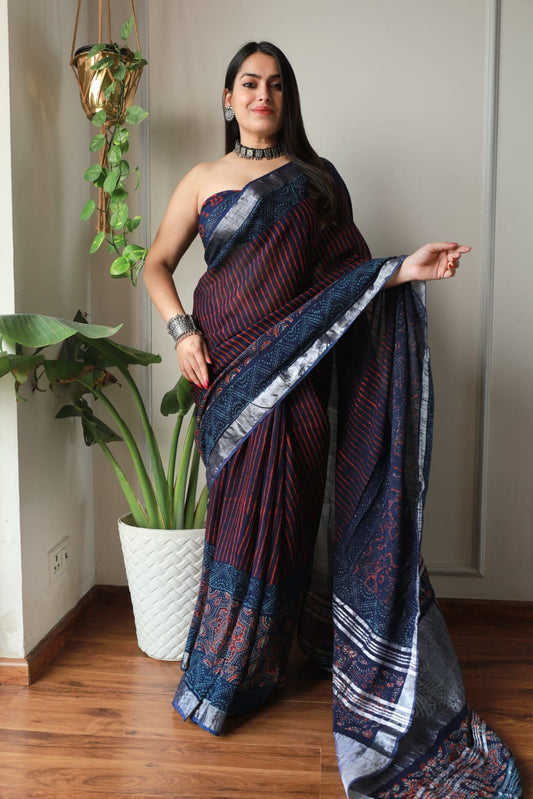 Pure Cotton Linen Hand Block Printed Saree with Blouse.