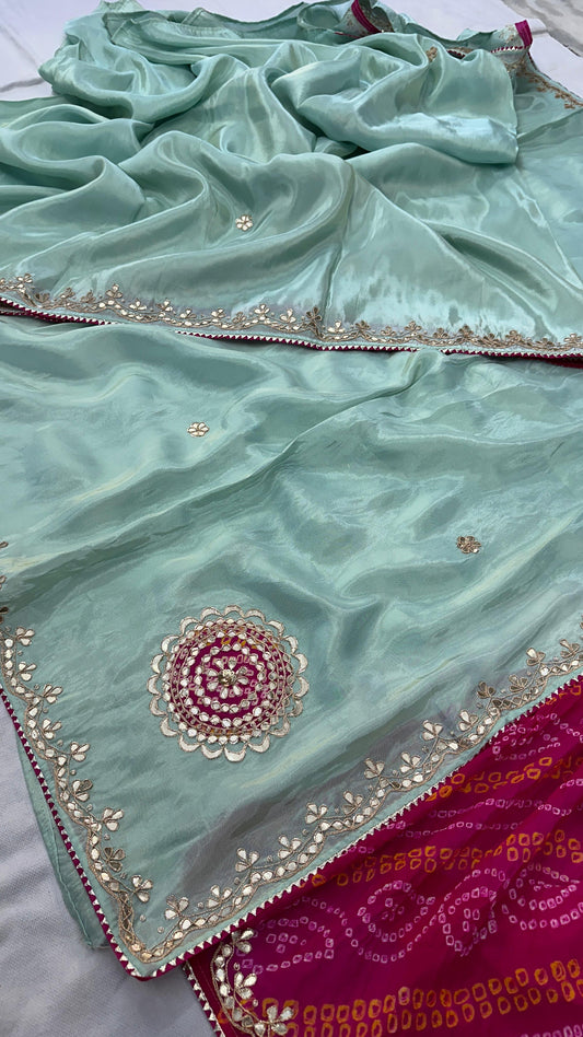 Pure Cosmo Silk Gota patti Hand Work Saree with Blouse