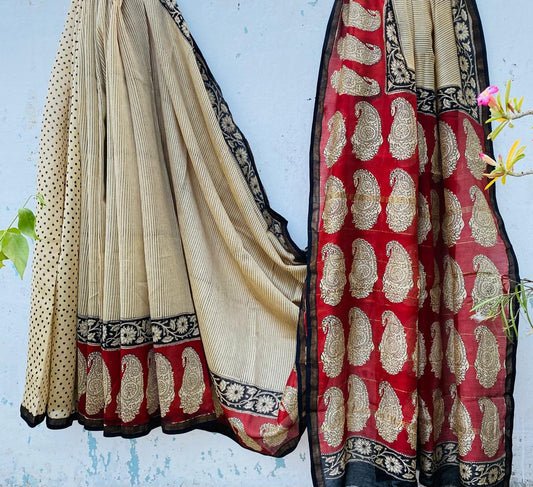 Pure Chanderi Silk Hand-block Printed Saree.