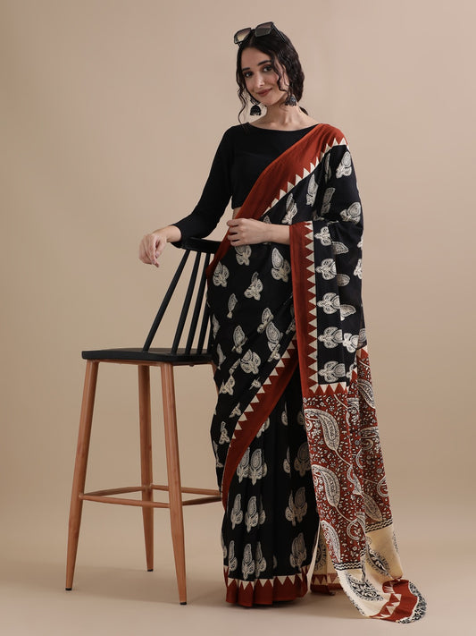 Pure Mulmul Cotton Hand Block Printed Saree With Running Blouse.