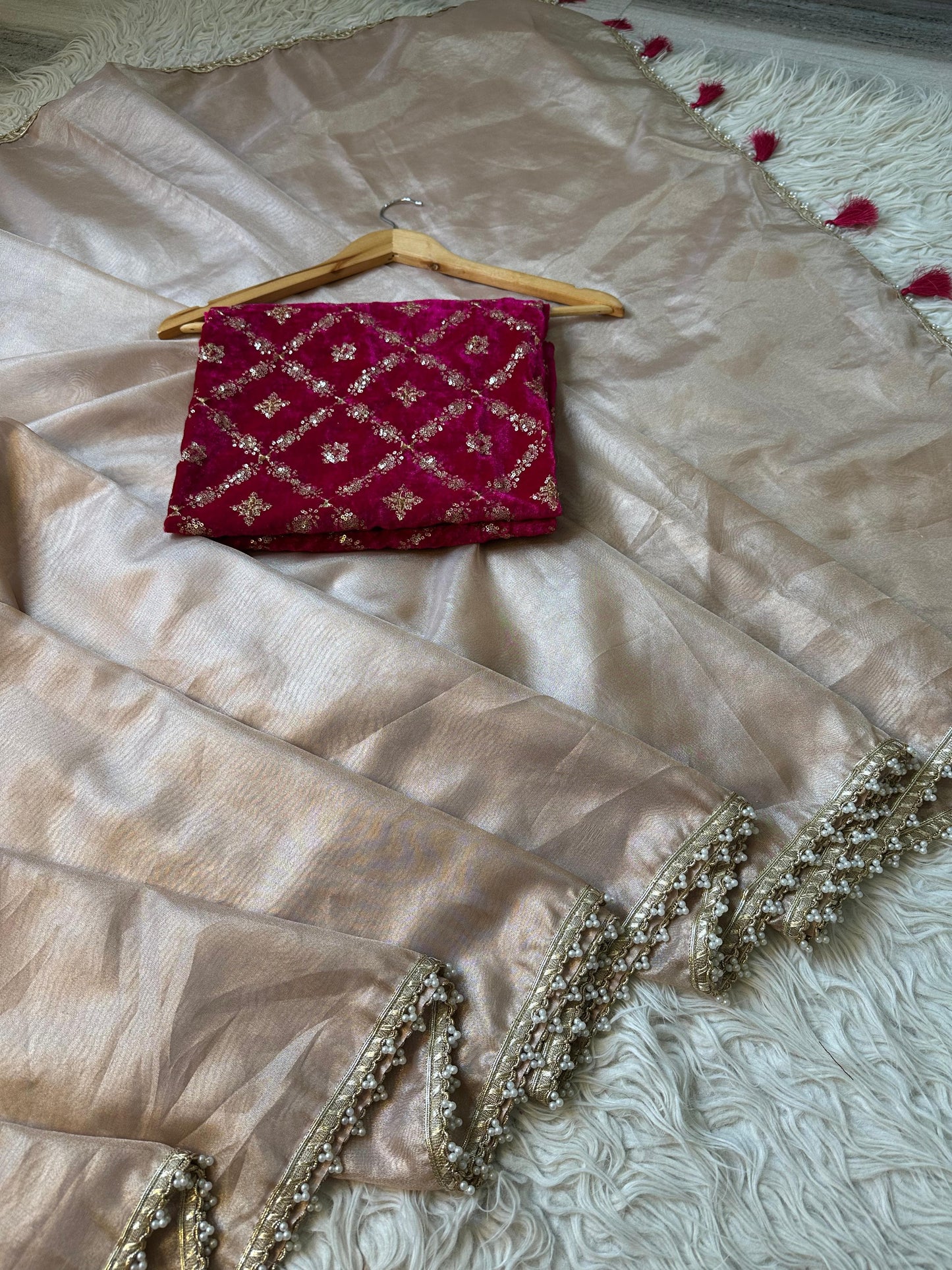 Banarasi  Tissue Silk Saree With Moti Work Lace