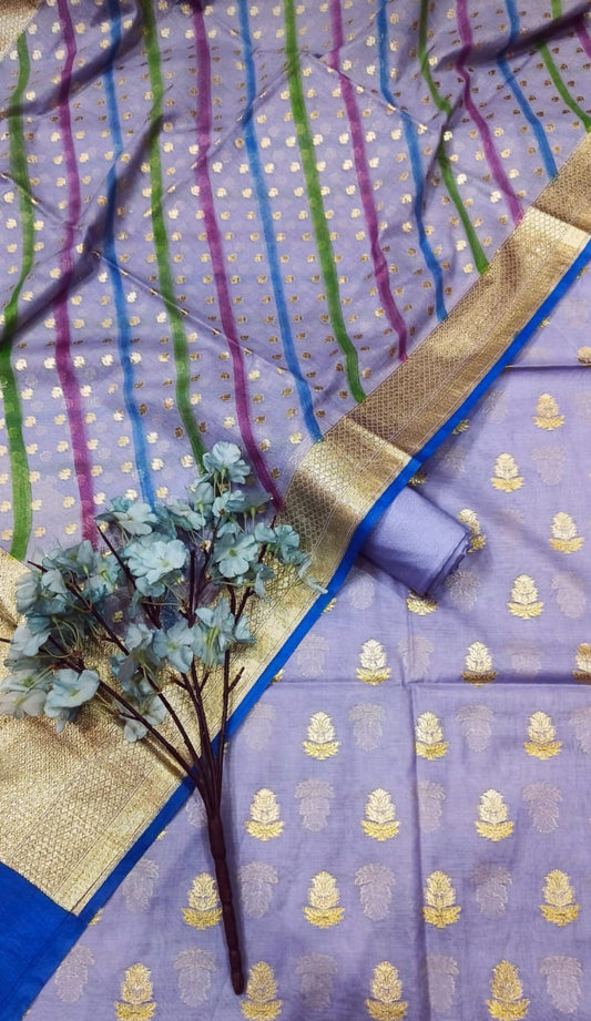 Pure Banarasi Chanderi Silk Unstitched Suit With  lurex weaved with hand brush dye Dupatta