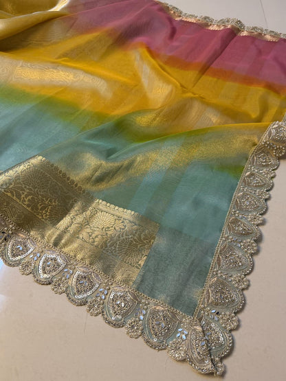 Multi Shade Glass Tissue Saree with Soft Mirror Lace Border