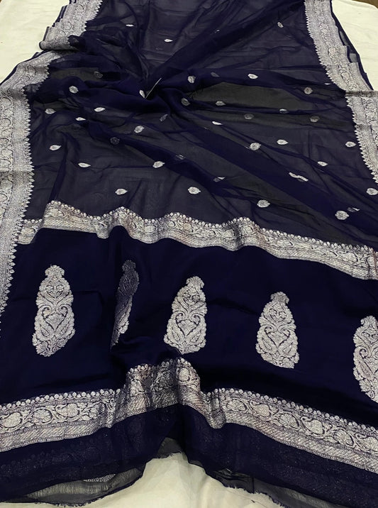 Pure Handloom Khaddi Chiffon Georgette Saree With Silver Zari Weaving Blouse