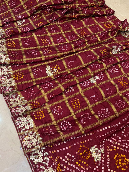 Pure Modal Gajji Silk Bandhej Hand work Gota Patti Work Saree.