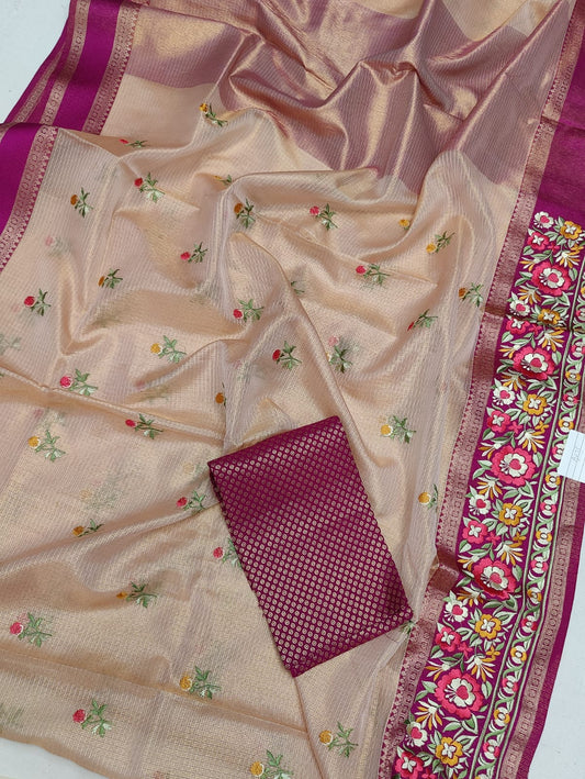 Beautiful Tissue Kota Doria Embroidery Work Saree