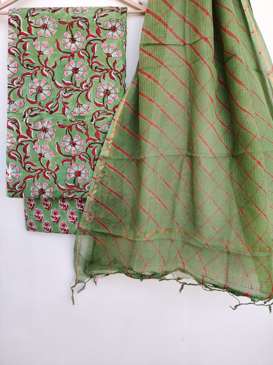 Pure Cotton Hand Block Printed Unstitched Suits with Kota doriya Dupatta.