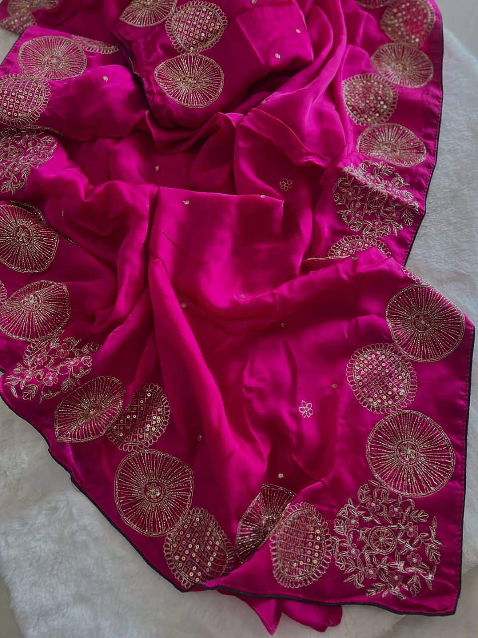 PURE DIAMOND CHIFFON  HANDCRAFTED ZARI AND GOTA WORA SAREE .