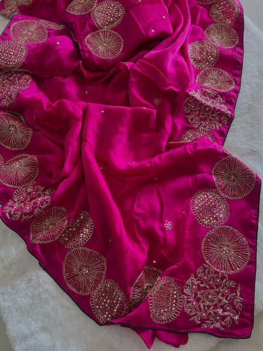 PURE DIAMOND CHIFFON  HANDCRAFTED ZARI AND GOTA WORA SAREE .