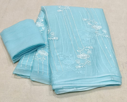 Beautiful Pure Diamond chiffon Embroidery Sikvans Work Full jaal Saree