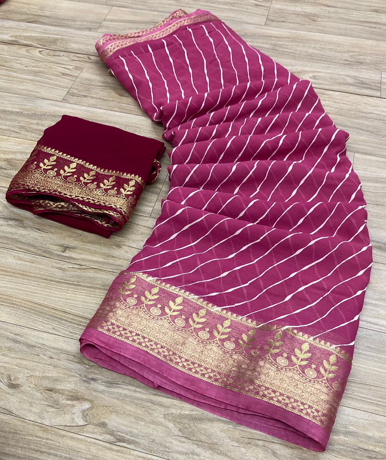 Pure Georgette Leheriya With Banarasi Zari Border Saree