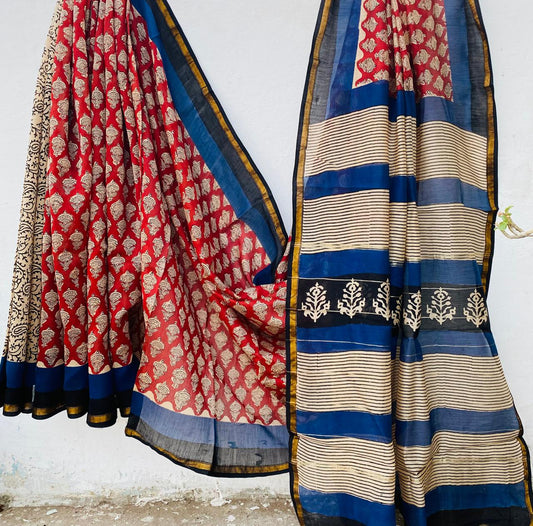 Pure Chanderi Silk Hand-block Printed Saree.