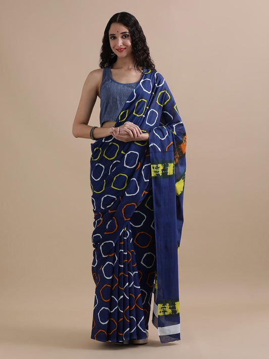 Pure Mulmul Cotton Hand Block Printed Saree With Running Blouse.