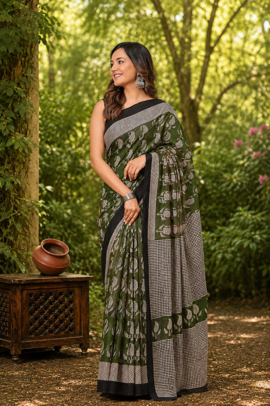 Pure Cotton Hand Block Printed Saree With Blouse.