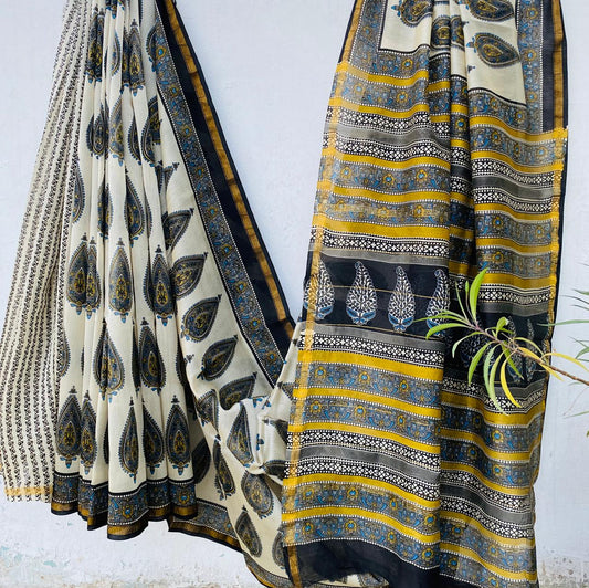 Pure Chanderi Silk Hand-block Printed Saree.