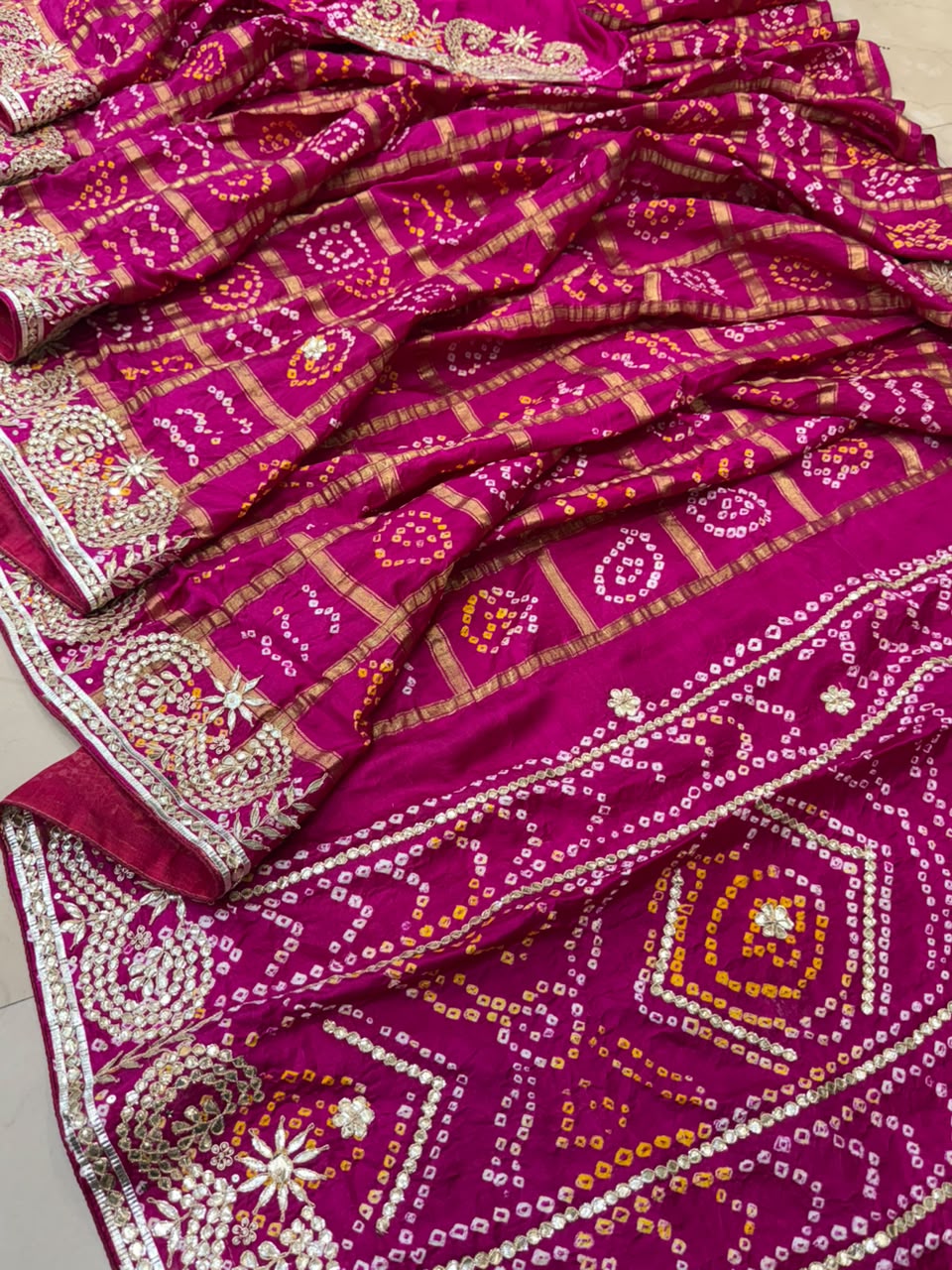 Pure Modal Gajji Silk Bandhej Hand work Gota Patti Work Saree.