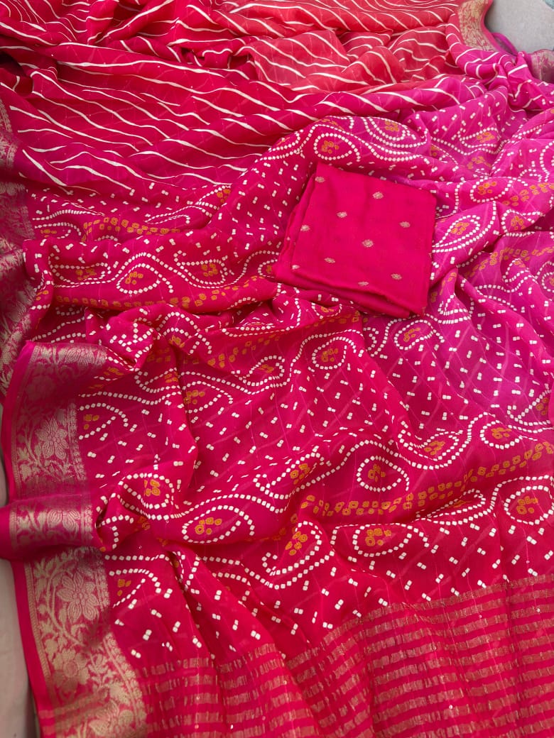 Pure Chinon Chiffon Bandhani Leheriya Saree