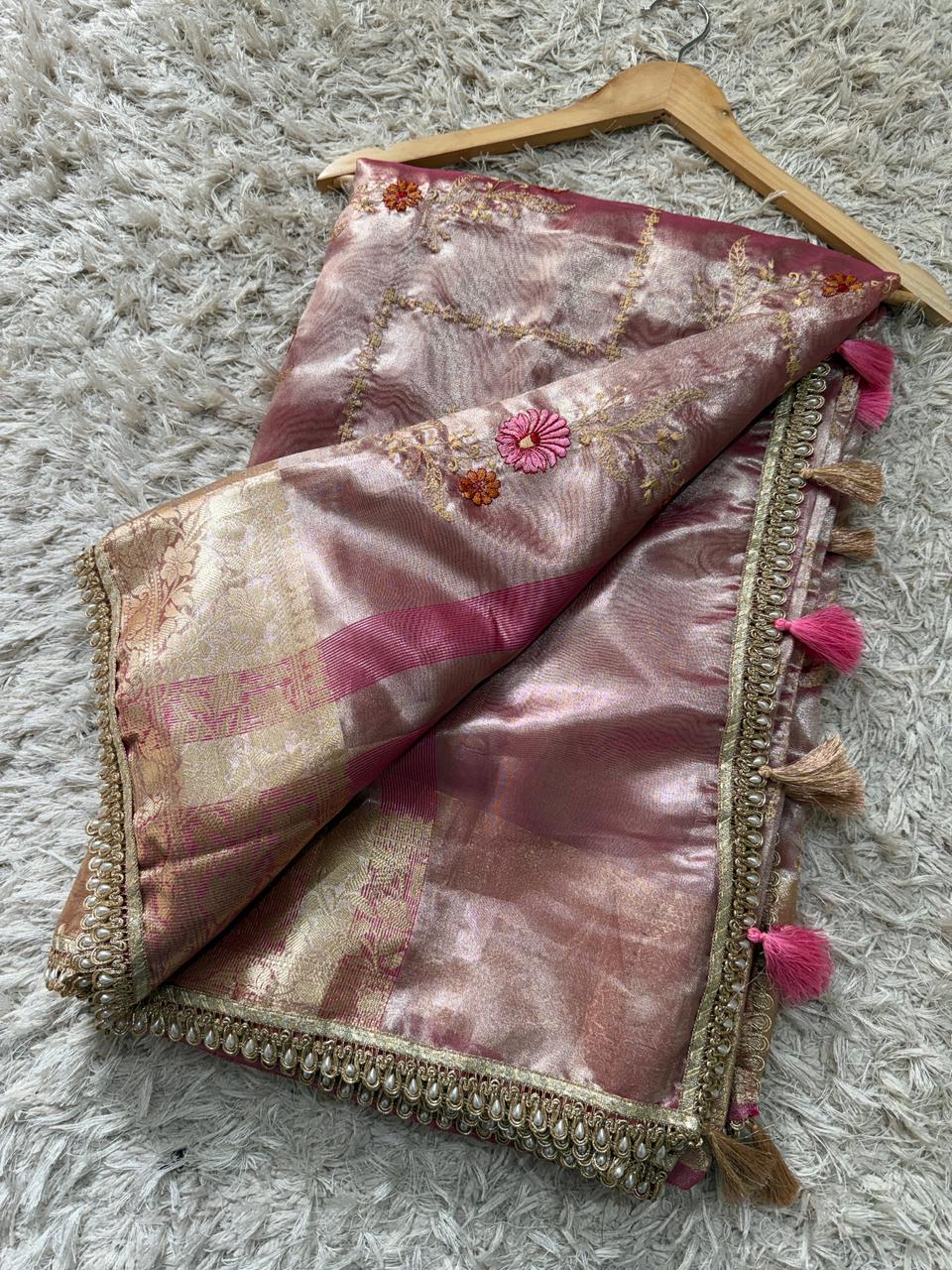 Banarasi Glass Tissue Soft Saree with Embroidery Meenakari work