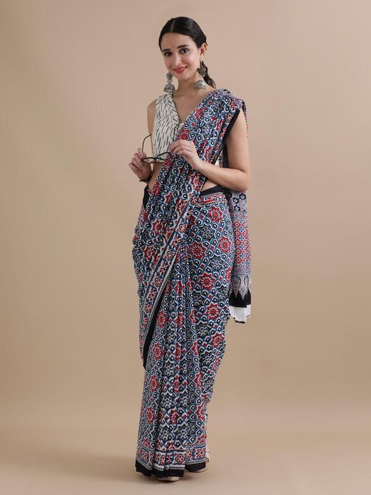 Pure Mulmul Cotton Hand Block Printed Saree With Running Blouse.