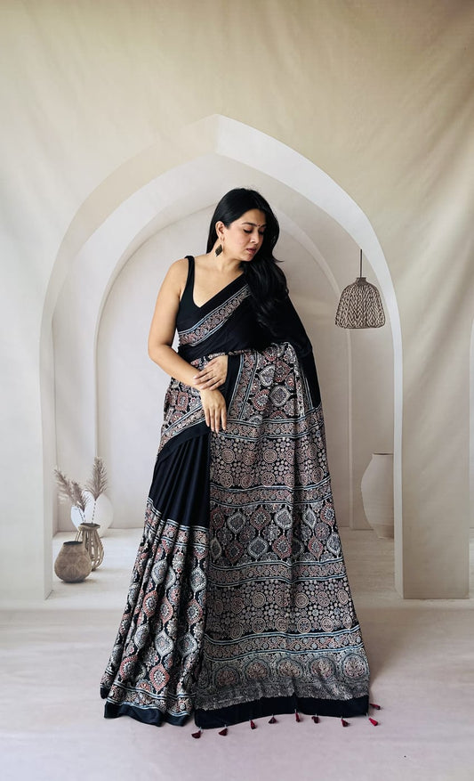 Pure Modal Silk Ajrakh Hand-block Printed Saree.