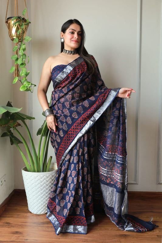 Pure Cotton Linen Hand Block Printed Saree with Blouse.