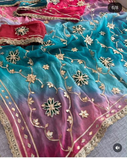 Pure Diamond Chiffon Gota Work Saree With Blouse.