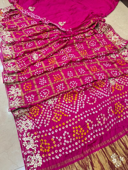 Pure Modal Gajji Silk Bandhej Hand work Gota Patti Work Saree.
