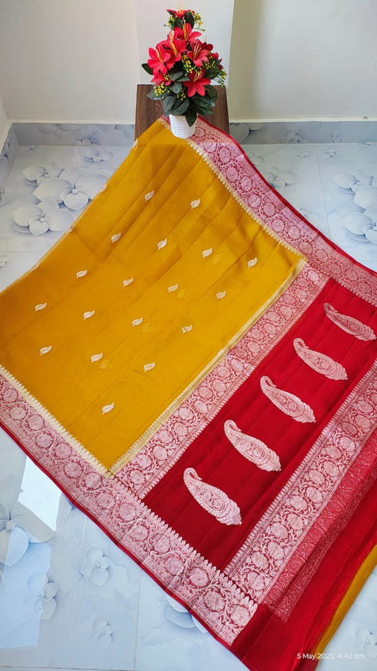 Pure Handloom Khaddi Chiffon Georgette Saree With Silver Zari Weaving Blouse  ( length- 6.3 meter )