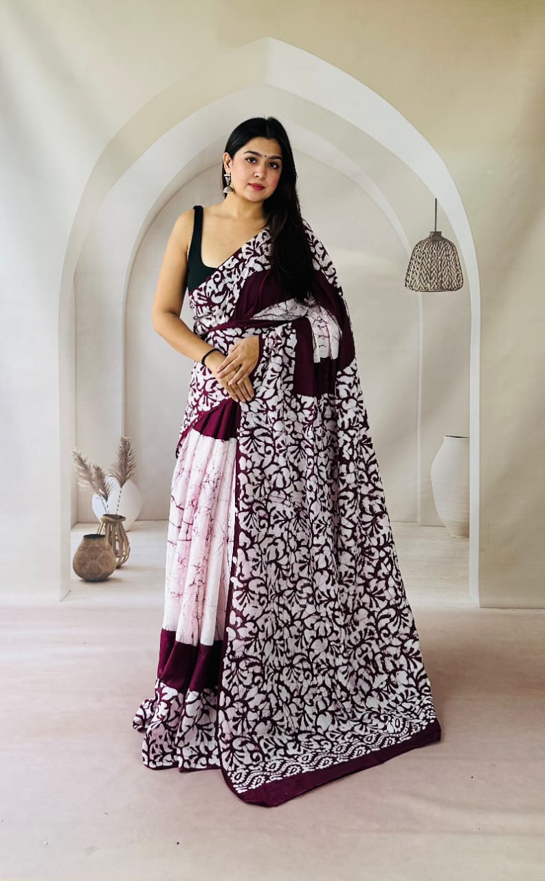 Pure Mulmul Cotton Hand Block Printed Saree With Running Blouse.