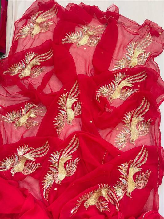 PURE CHIFFON SAREE EMBELLISHED WITH ZARDOZI WORK.