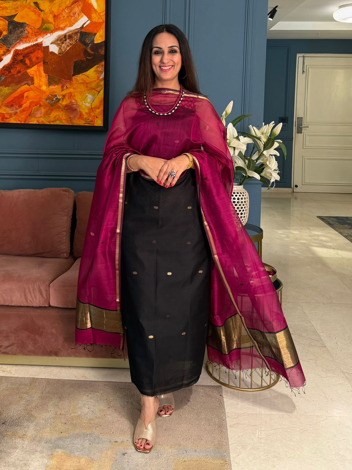 Pure Maheswari Silk Cotton Handwoven Unstitch Suit.