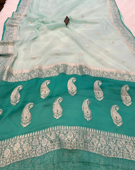 MINT GREEN KHADDI CHIFFON BANARASI HANDLOOM SAREE