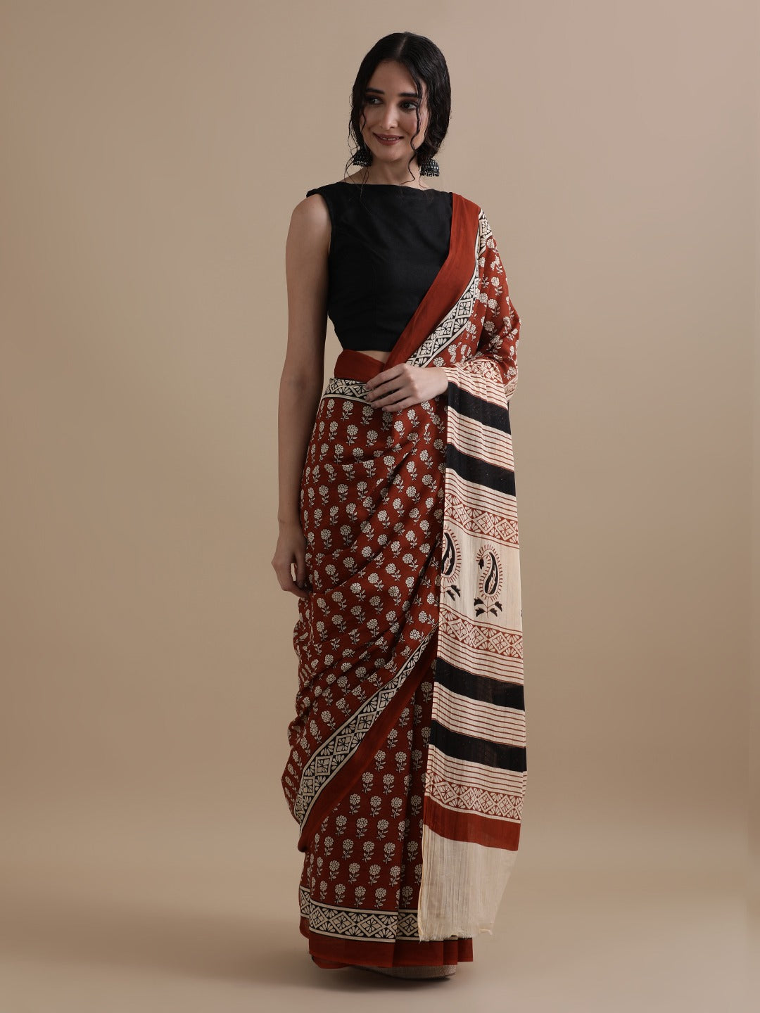 Pure Mulmul Cotton Hand Block Printed Saree With Running Blouse.