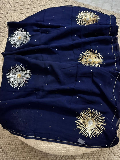 Blue Color Pure Diamond Chiffon sequence Hand Work Saree.