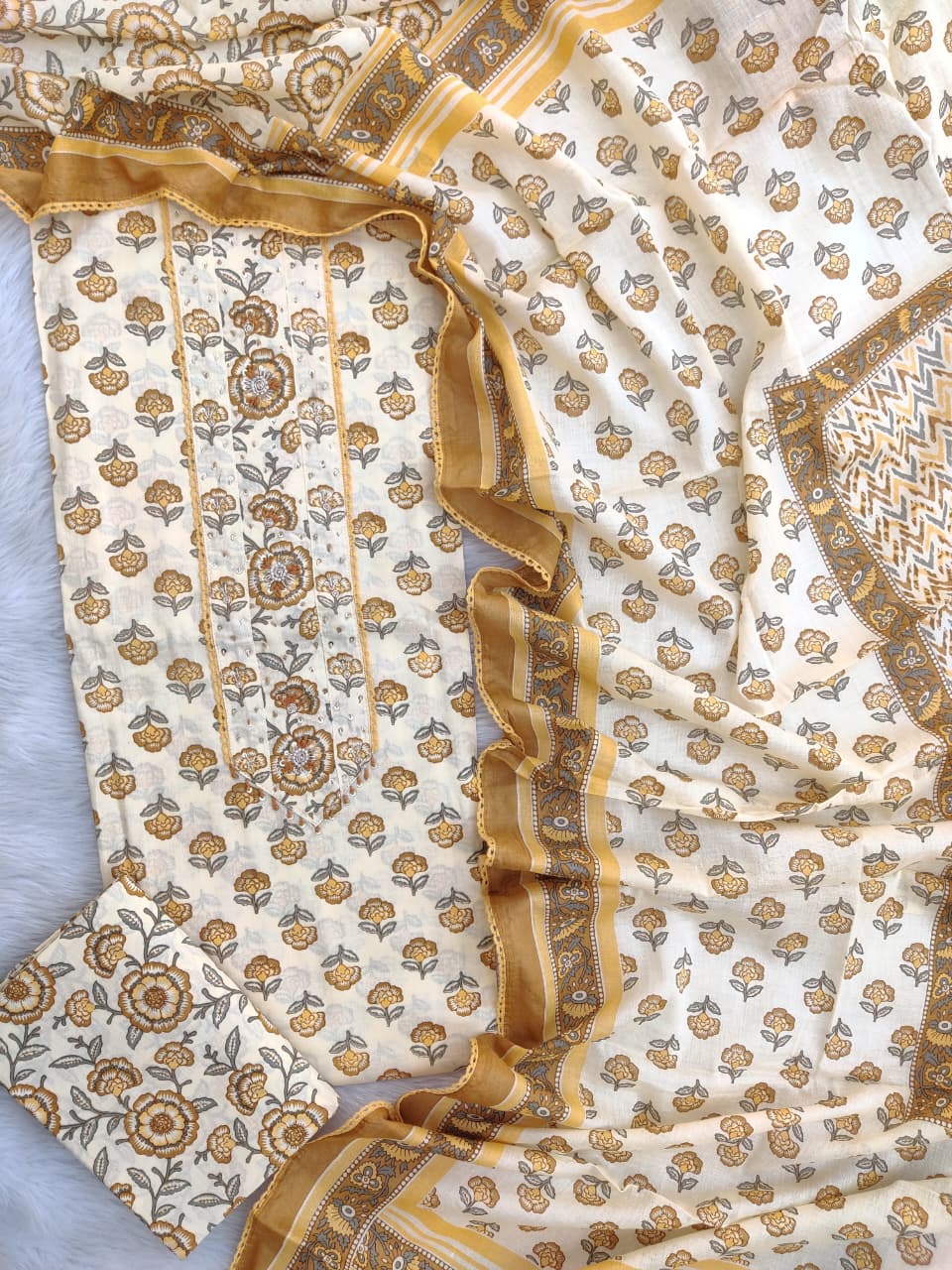Pure Cotton Embroidery Hand Block Unstitched Suits.