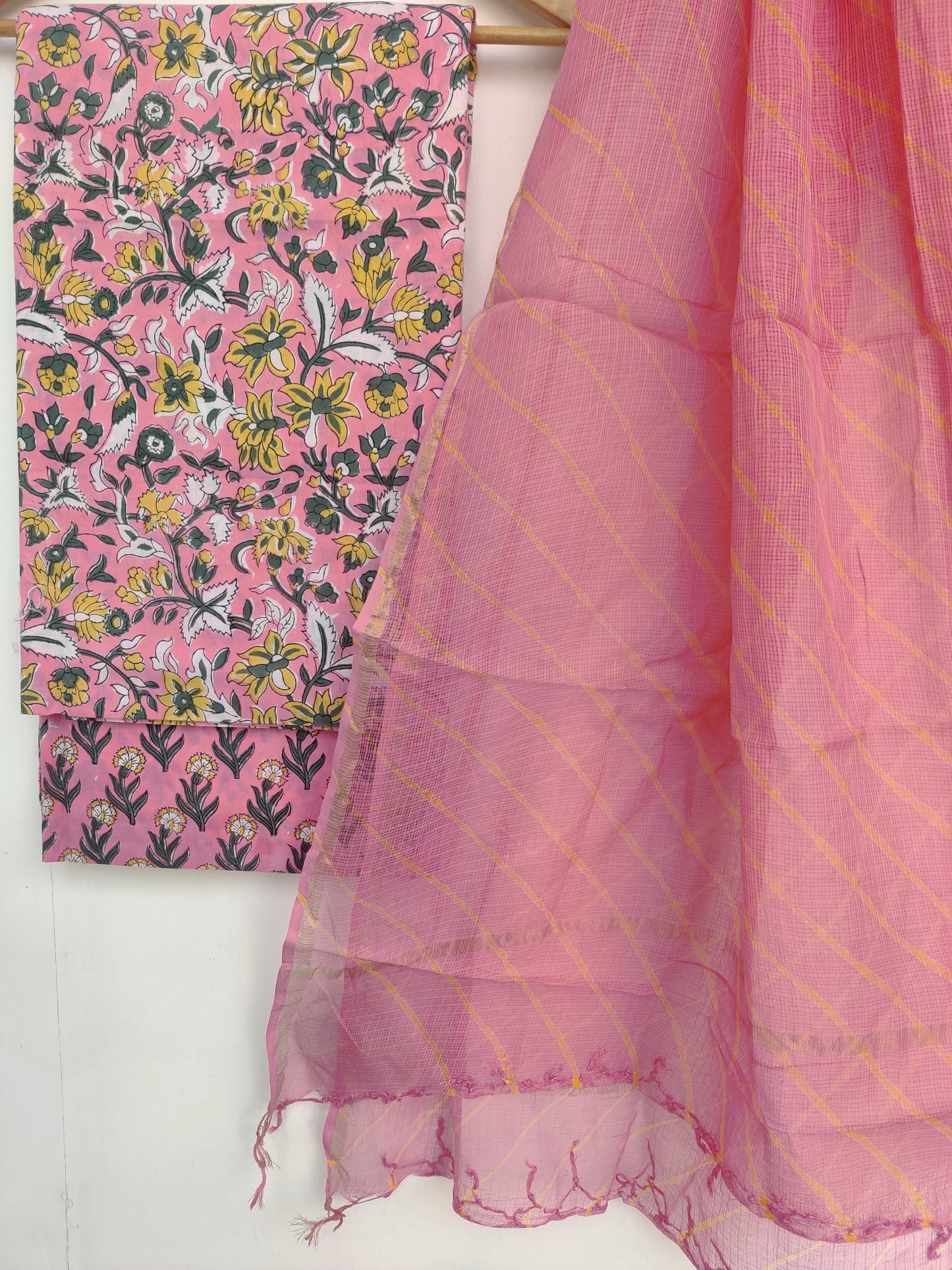 Pure Cotton Hand Block Printed Unstitched Suits with Kota doriya Dupatta.