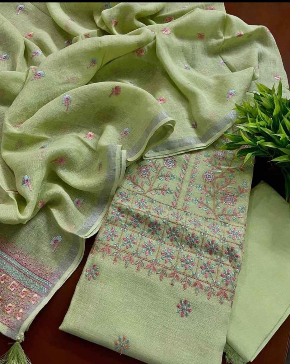 BHAGALPURI COTTON LINEN EMBROIDERY UNSTITCHED SUIT.