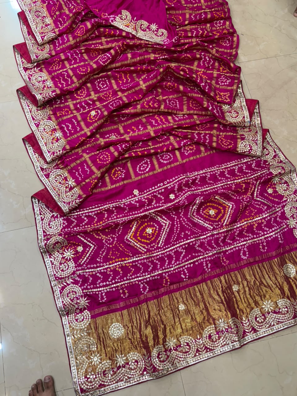 Pure Modal Gajji Silk Bandhej Hand work Gota Patti Work Saree.