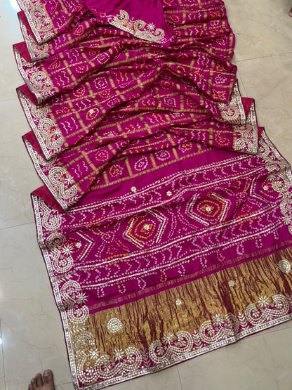 Pure Modal Gajji Silk Bandhej Hand work Gota Patti Work Saree.