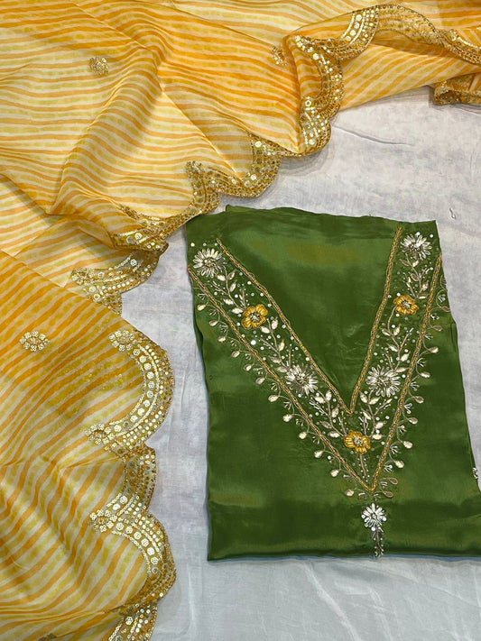 Pure Crep Silk Hand Work Unstitched Suit With Organza Dupatta