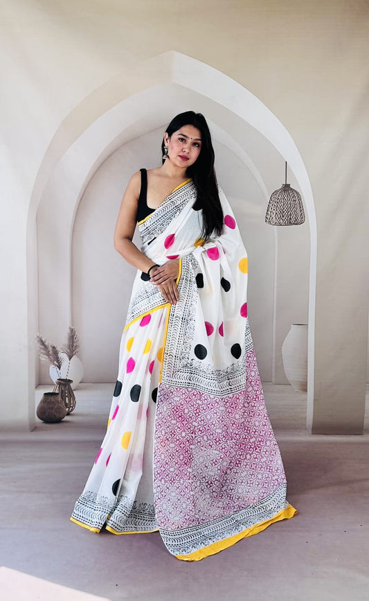 Pure Mulmul Cotton Hand Block Printed Saree With Running Blouse.