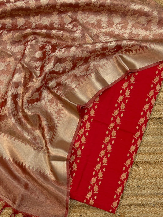 Banarasi Chanderi Zari Work Unstitched Suit With Tissue Zari Jaal Dupatta