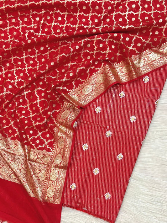 Chanderi Lorex Mini Stripes with Embroidery booti Work Unstitched Suit with Dupatta