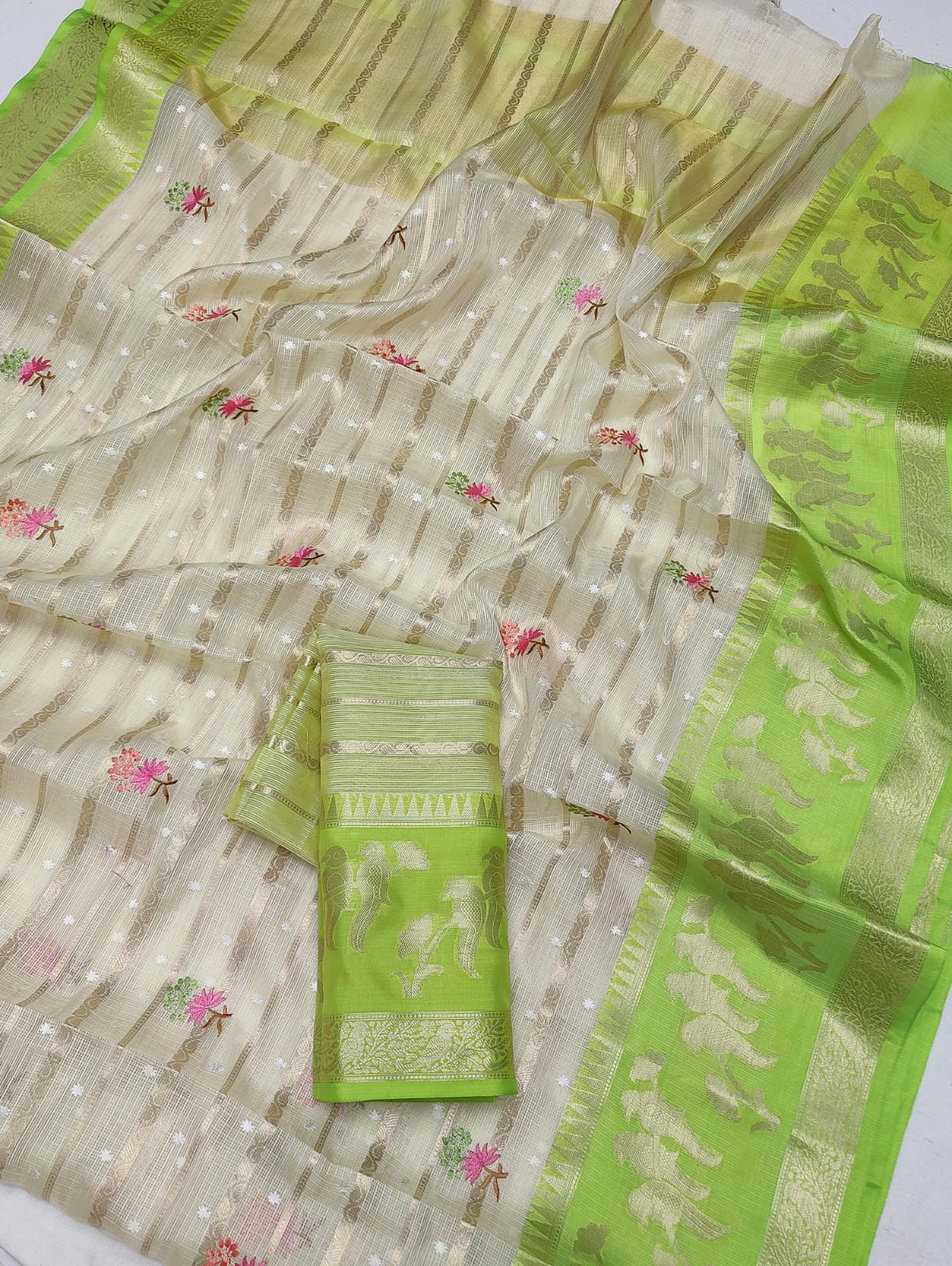 Beautiful Soft Silk Kota Doria Zari & Embroidery  Work Saree