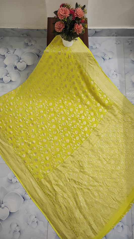 Pure Handloom Khaddi Georgette Saree Zari Work.