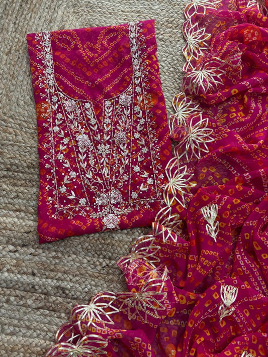 Georgette Gota pati Hand Work Unstitched Suit With Dupata.