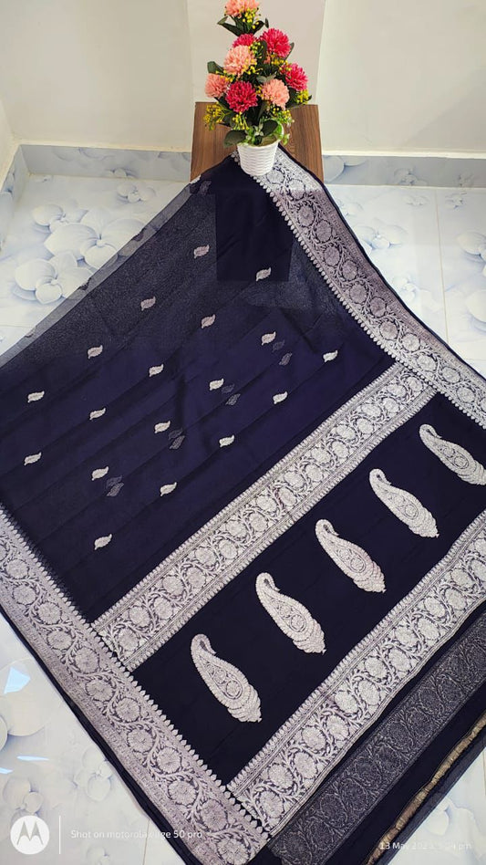 Pure Handloom Khaddi Chiffon Georgette Saree With Silver Zari Weaving Blouse  ( length- 6.3 meter )