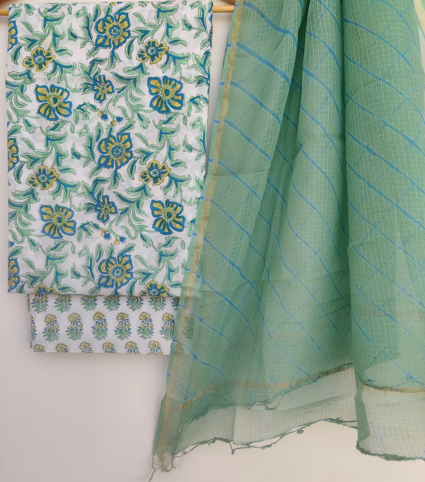 Pure Cotton Hand Block Printed Unstitched Suits with Kota doriya Dupatta.